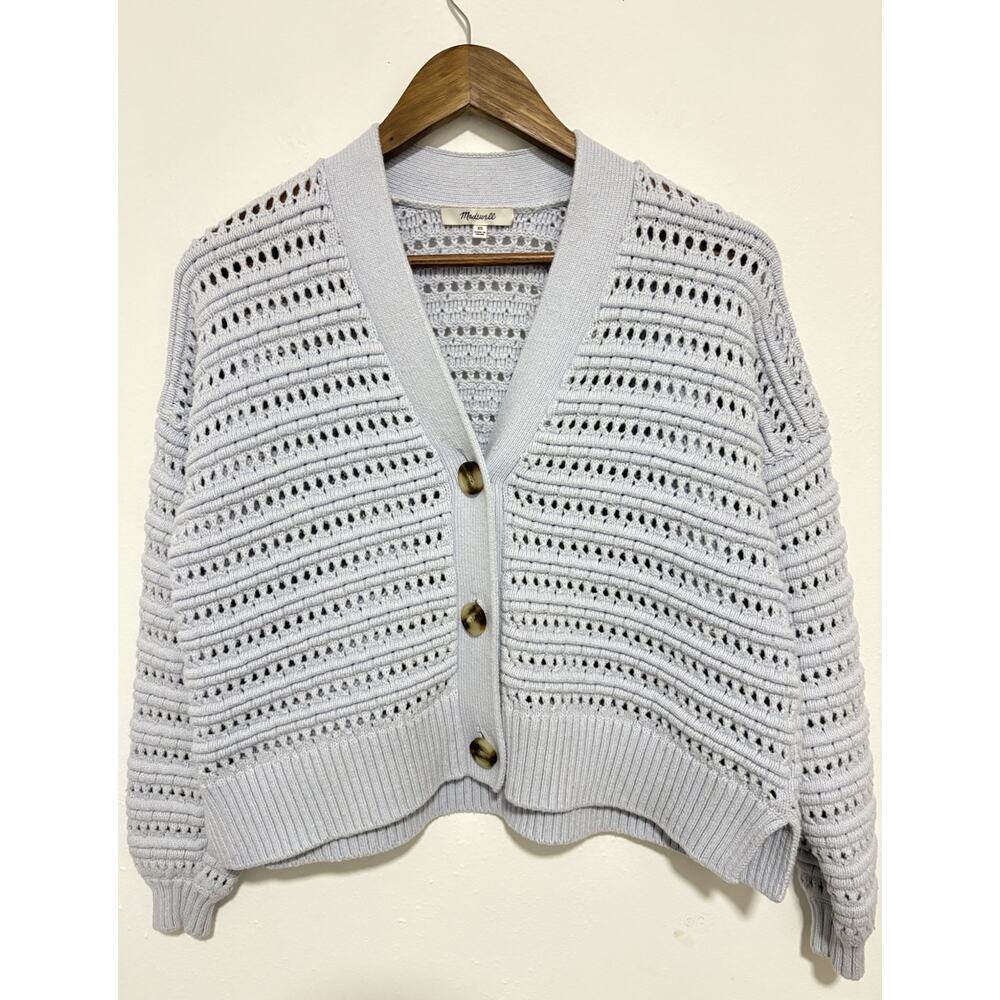 Madewell XS Pointelle Knit Cardigan Sweater Blue Button Front Cotton Blend